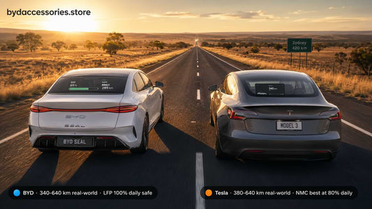 BYD Seal and Tesla Model 3 Highland driving side by side on an Australian highway during golden hour showing real-world EV range comparison