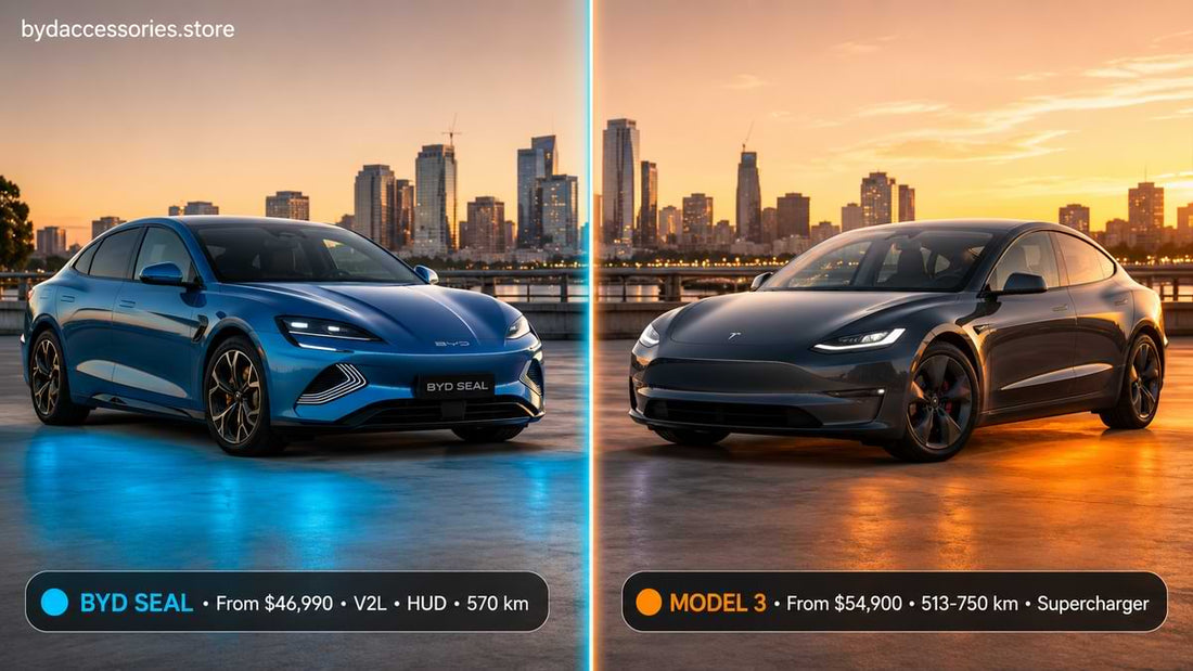 BYD Seal and Tesla Model 3 electric sedans facing each other in split-composition comparison showing design and price differences