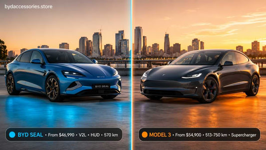 BYD Seal and Tesla Model 3 electric sedans facing each other in split-composition comparison showing design and price differences