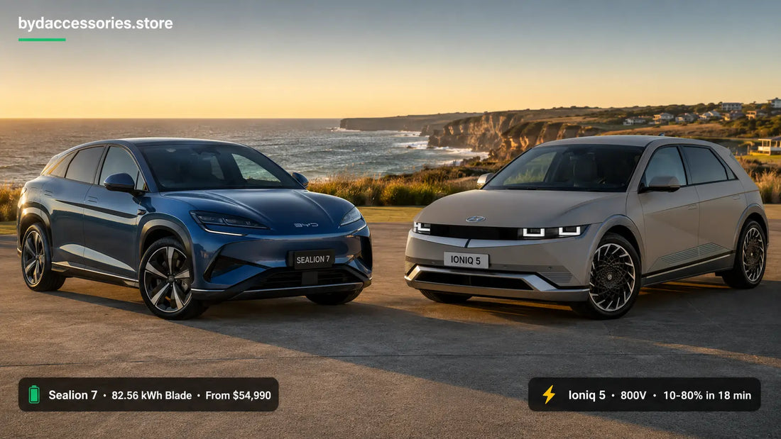 BYD Sealion 7 and Hyundai Ioniq 5 electric SUVs parked side by side on an Australian coastal forecourt at golden hour for comparison