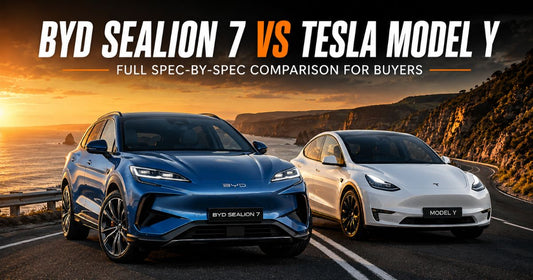 BYD Sealion 7 vs Tesla Model Y comparison hero image featuring both electric SUVs on a coastal highway at sunset