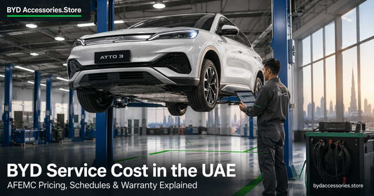 BYD Atto 3 on hydraulic lift at AFEMC BYD service centre in Dubai showing Blade Battery inspection
