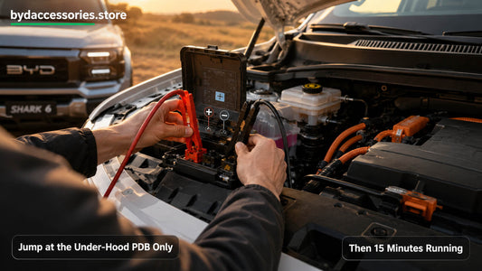 BYD Shark 6 12V jump start using red and black jump leads at the under-hood PDB terminals