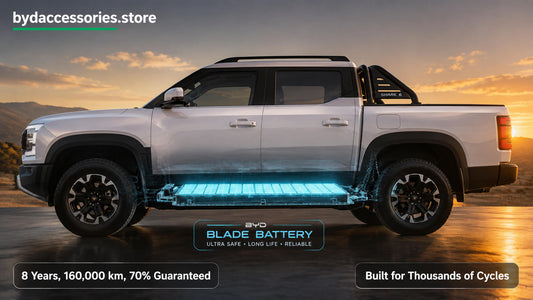 BYD Shark 6 with a cutaway view of its Blade battery pack, illustrating lifespan and warranty