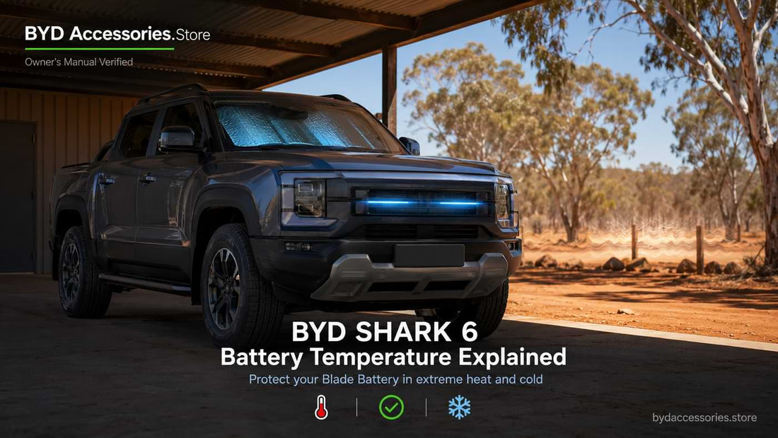 BYD Shark 6 pickup parked under shaded carport in Australian outback with battery temperature cooling concept