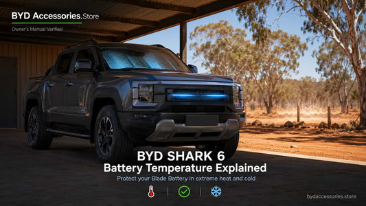 BYD Shark 6 pickup parked under shaded carport in Australian outback with battery temperature cooling concept