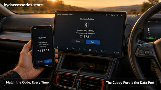  Smartphone pairing with the BYD Shark 6 touchscreen with matching codes and the cubby data port in use