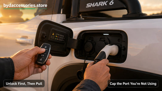  Releasing the BYD Shark 6 charging connector with the key unlock button at the open charge port
