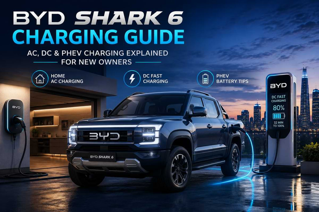 Professional BYD Shark 6 charging guide hero banner showing home AC charging, DC fast charging station, and PHEV battery charging tips for new owners.