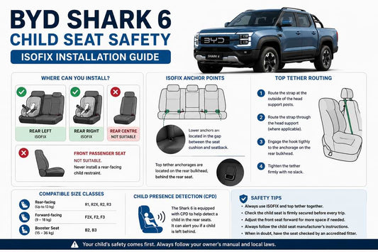 BYD Shark 6 rear seats showing ISOFIX child seat installation points and top tether anchorage locations for safe child restraint fitting.