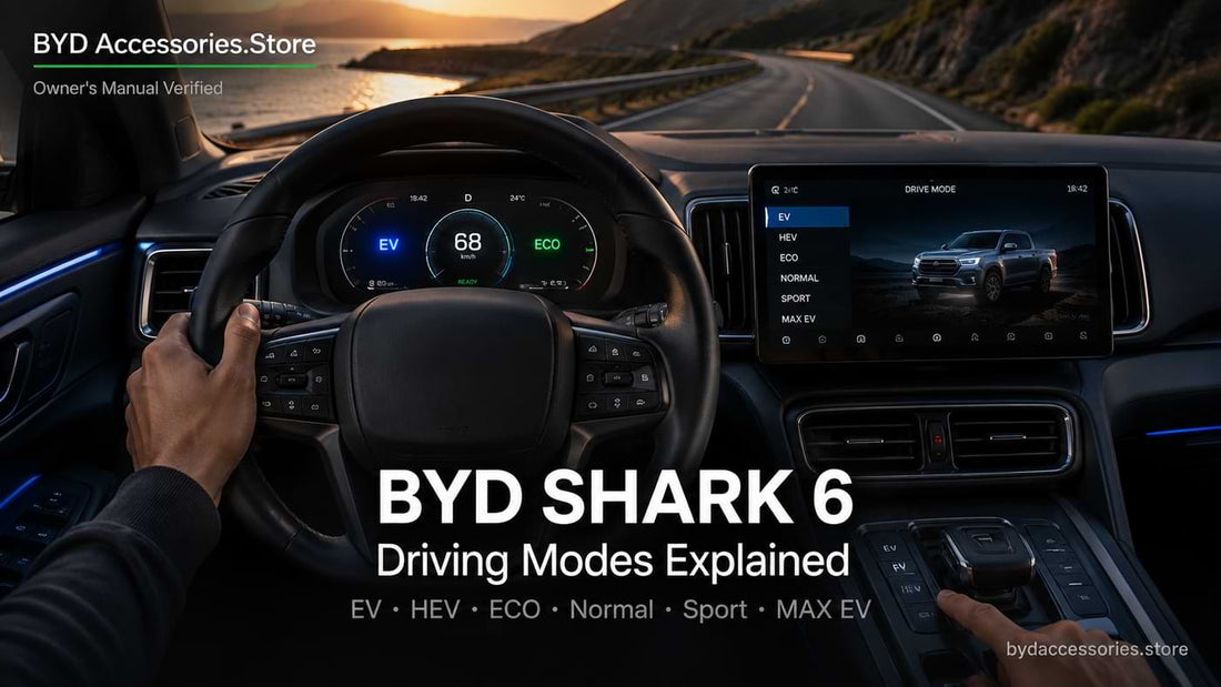 BYD Shark 6 interior showing EV and ECO driving modes on the digital dashboard while driving on a coastal highway