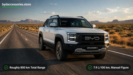 BYD Shark 6 on an outback highway illustrating real-world fuel consumption and total range
