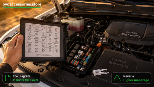 Reading the fuse label under the BYD Shark 6 under-hood fuse box cover beside the left fender