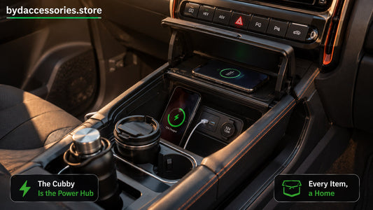 BYD Shark 6 centre console cubby open showing USB data port, 12V outlet, and wireless pad in use