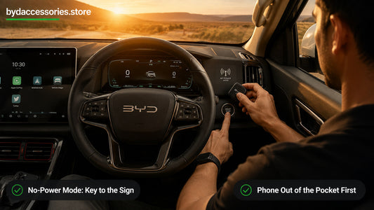 Holding the BYD Shark 6 smart key to the no-power sign to start with a dead fob battery