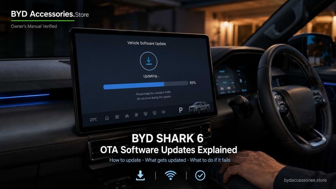 BYD Shark 6 infotainment touchscreen showing OTA software update progress inside premium cabin at dusk