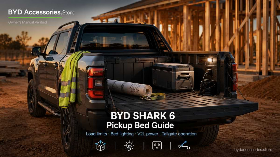 BYD Shark 6 pickup truck with open tailgate showing organised worksite cargo and V2L powered fridge