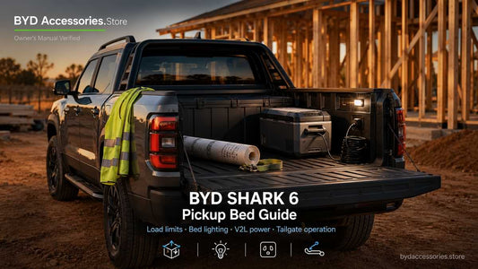 BYD Shark 6 pickup truck with open tailgate showing organised worksite cargo and V2L powered fridge