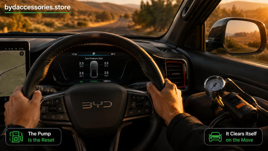 BYD Shark 6 cluster showing healthy live tyre pressures after correcting a TPMS warning