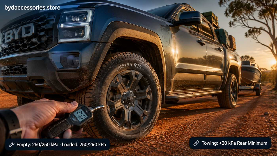 Hand holding digital tyre pressure gauge on BYD Shark 6 front wheel showing 250 kPa with loaded tray and boat trailer hitched in Australian outback