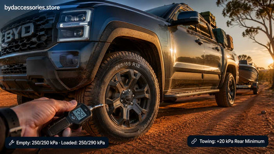 Hand holding digital tyre pressure gauge on BYD Shark 6 front wheel showing 250 kPa with loaded tray and boat trailer hitched in Australian outback