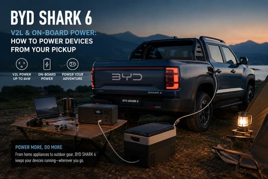 BYD Shark 6 using V2L onboard power to charge camping and outdoor devices beside a lakeside campsite at sunset