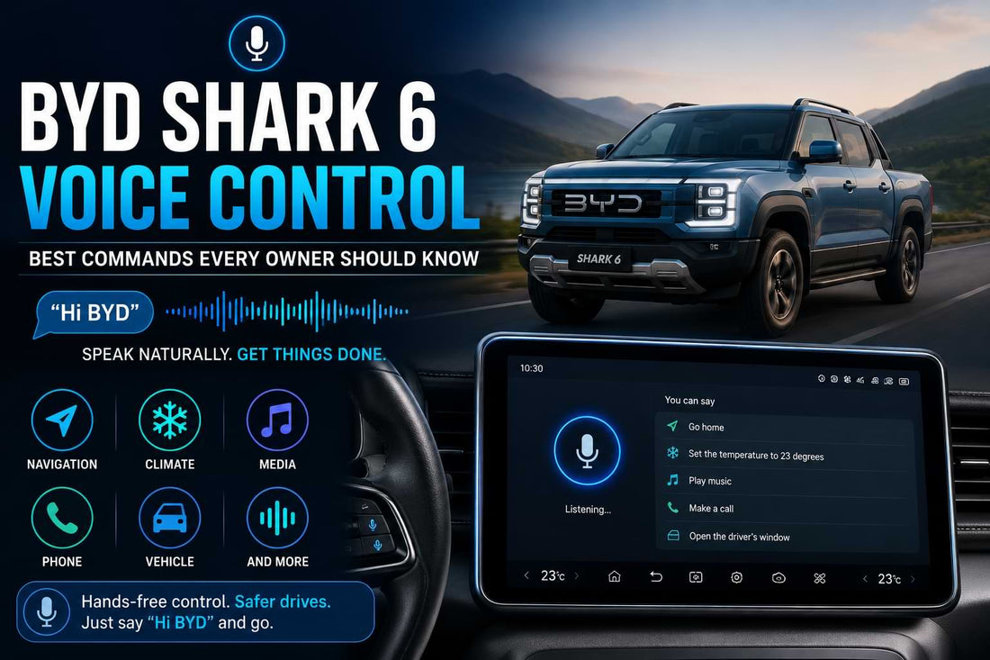BYD Shark 6 voice control system with infotainment display showing hands-free commands for navigation, climate, media, and phone functions.