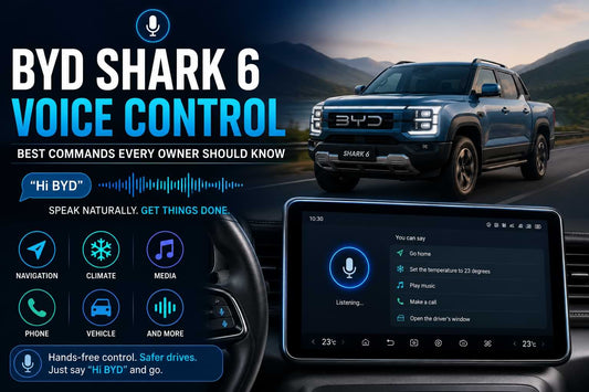 BYD Shark 6 voice control system with infotainment display showing hands-free commands for navigation, climate, media, and phone functions.