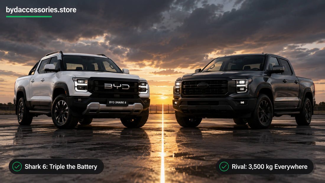 BYD Shark 6 facing a rival plug-in hybrid ute at dusk in a head-to-head comparison scene