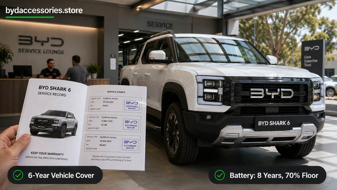 BYD Shark 6 at a dealership with a stamped service booklet, illustrating warranty coverage