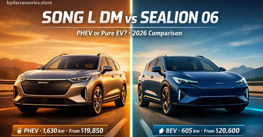 BYD Song L DM plug-in hybrid and Sealion 06 pure electric SUV side by side on highway comparing PHEV vs BEV range and specs