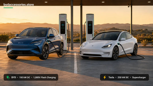 BYD electric SUV and Tesla sedan charging side by side at a DC fast-charging station, comparing AC and DC charging speeds