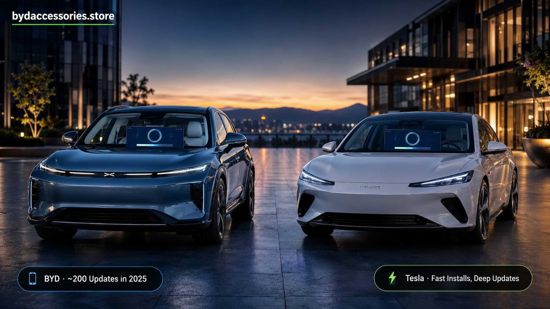 BYD electric SUV and Tesla electric sedan parked side by side at dusk with illuminated software update screens, comparing over-the-air (OTA) software update capabilities.