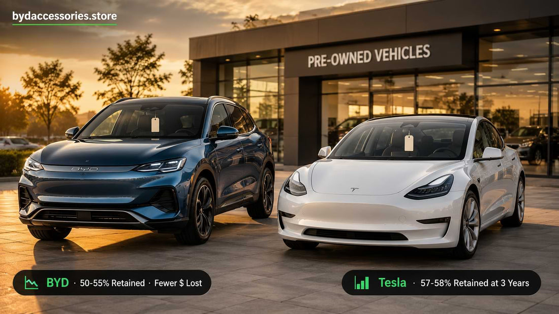 Used BYD electric SUV and Tesla electric sedan parked outside a modern pre-owned car showroom, comparing three-year resale value, retained value, and EV depreciation.