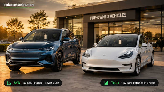 Used BYD electric SUV and Tesla electric sedan parked outside a modern pre-owned car showroom, comparing three-year resale value, retained value, and EV depreciation.
