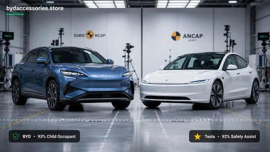 BYD electric SUV and Tesla electric sedan side by side in a vehicle safety testing facility, comparing Euro NCAP and ANCAP ratings