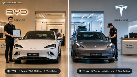 BYD Seal and Tesla Model 3 parked at their respective service centres comparing 6-year BYD warranty versus 5-year Tesla warranty coverage