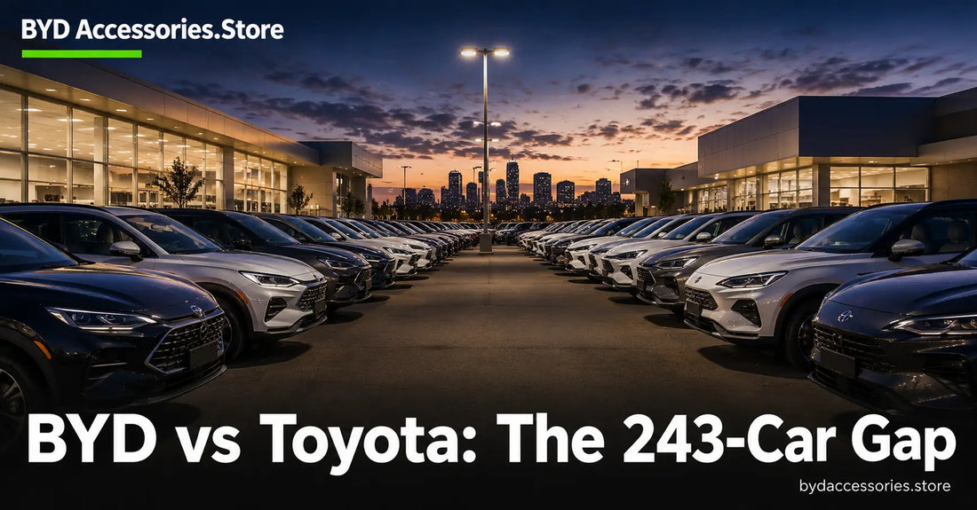 Rows of new vehicles at an Australian dealership representing the BYD versus Toyota sales race