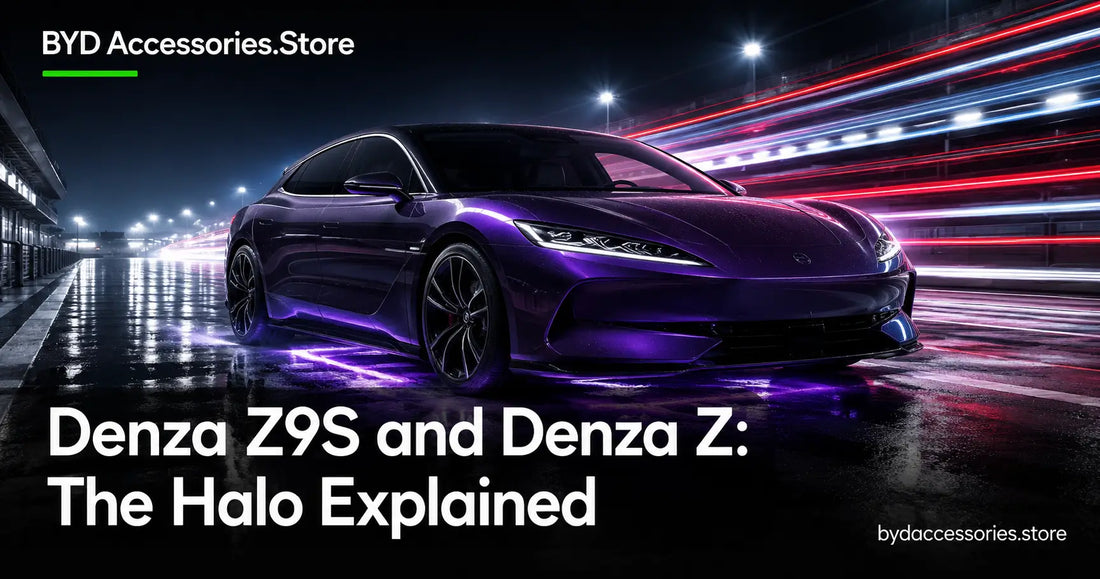 High performance electric sedan on a night racetrack representing the Denza Z9S tri-motor halo car