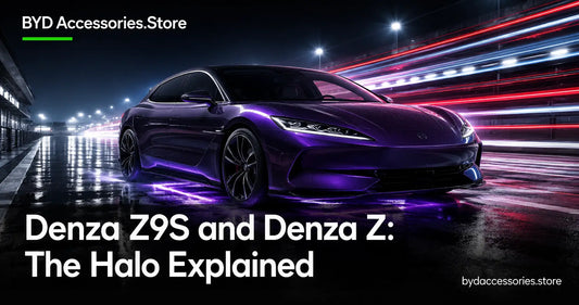 High performance electric sedan on a night racetrack representing the Denza Z9S tri-motor halo car