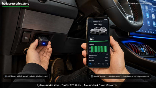 Hand plugging OBD2 scanner into BYD Atto 3 diagnostic port with smartphone showing battery health data and SOH reading at 96 percent