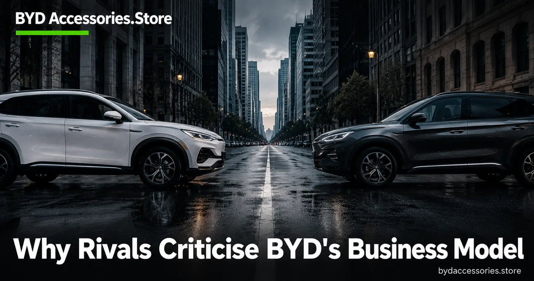 Two rival electric vehicles facing each other on a city street, representing industry criticism of BYD's business model