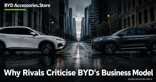 Two rival electric vehicles facing each other on a city street, representing industry criticism of BYD's business model