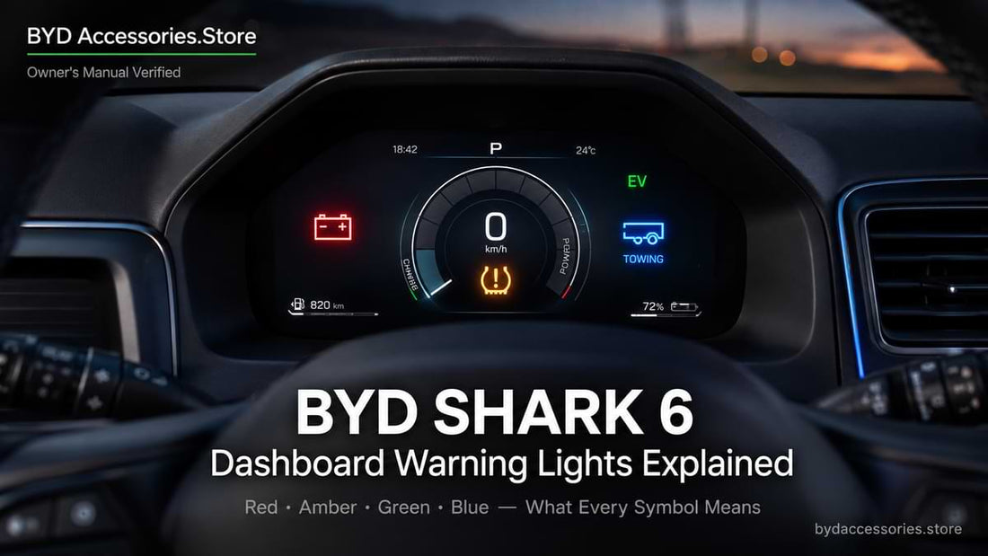 BYD Shark 6 digital dashboard instrument cluster showing battery warning light, TPMS symbol, EV mode and towing indicator at dusk