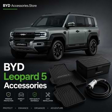 BYD Leopard 5 SUV with premium accessories including custom floor mats, storage box, and EV charging cable
