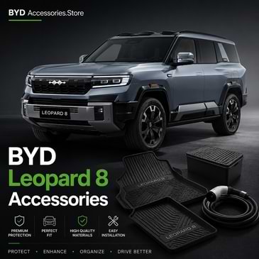 BYD Leopard 8 SUV with premium interior and exterior accessories including floor mats, storage box, and EV charging cable