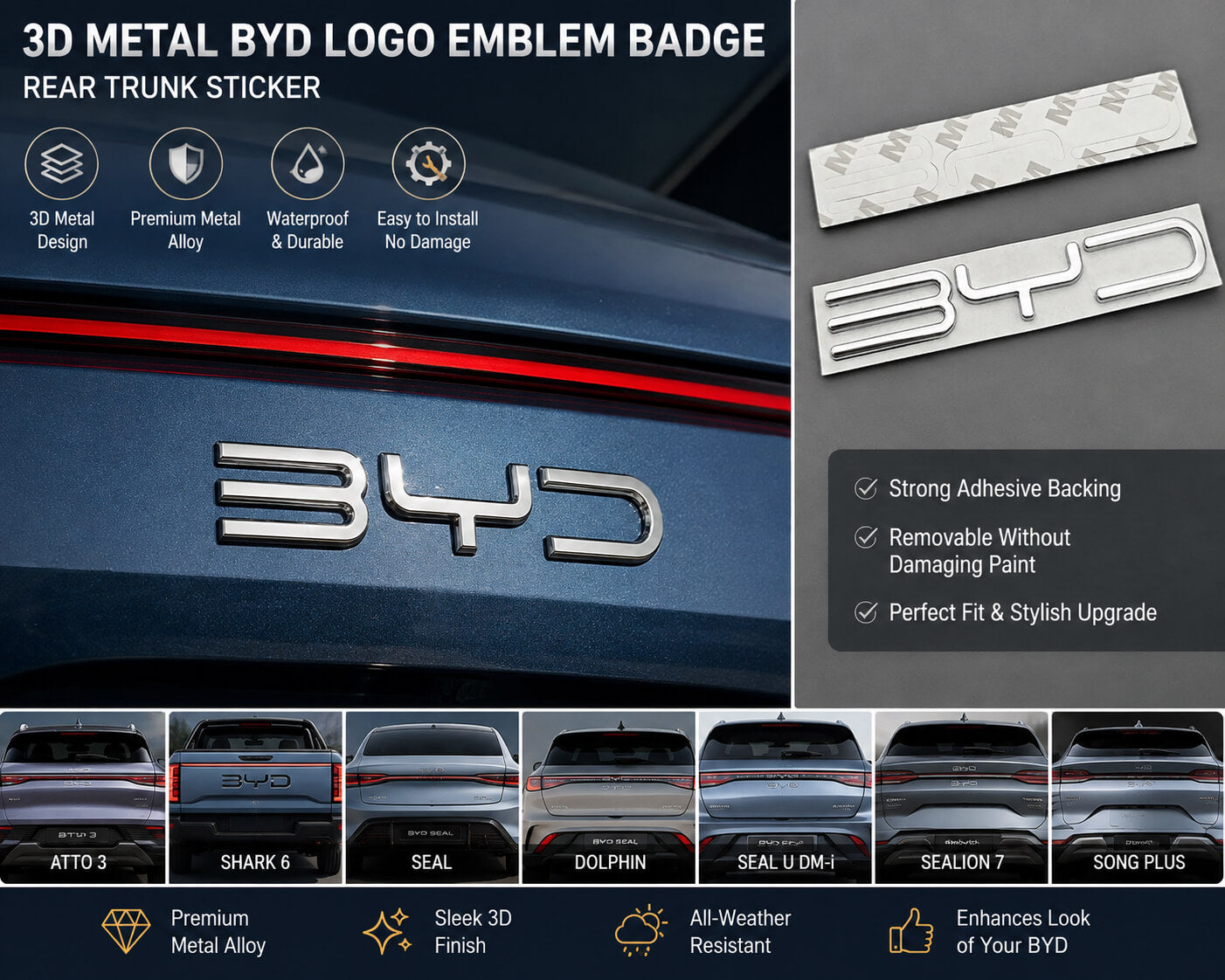 Close-up product image of a 3D black metal alloy emblem badge with a raised finish and adhesive backing, designed for rear trunk exterior customization on compatible BYD vehicles.