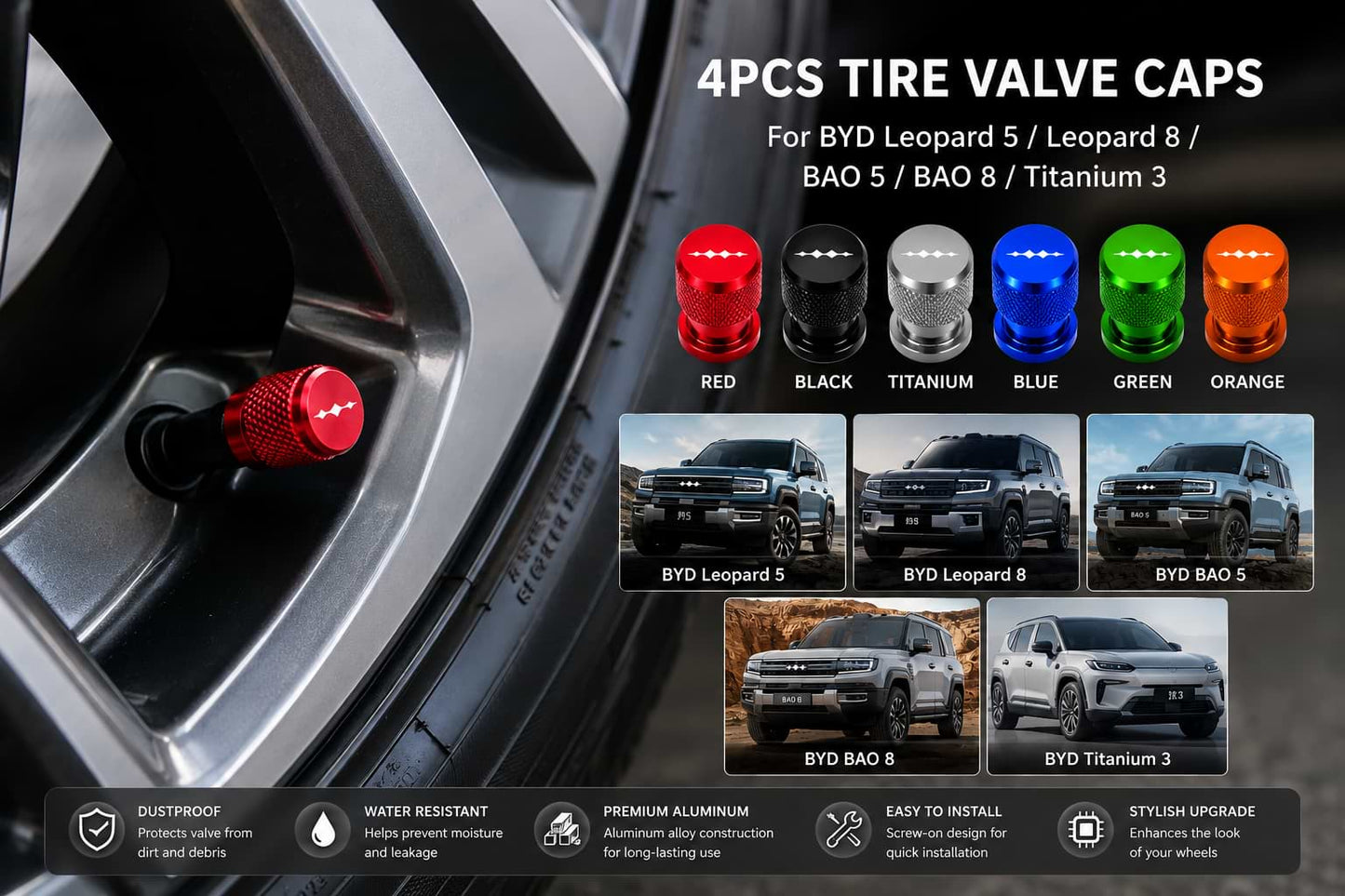 4Pcs Tire Valve Caps for BYD Leopard 5, Leopard 8, BAO 5, BAO 8 and Titanium 3