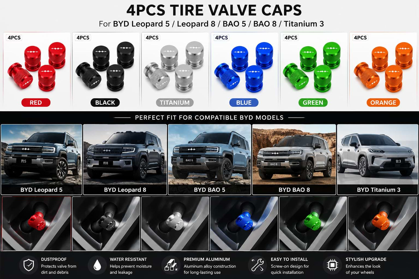 4Pcs Tire Valve Caps in Red Black Titanium Blue Green and Orange for BYD Leopard 5 8 BAO 5 8 Titanium 3