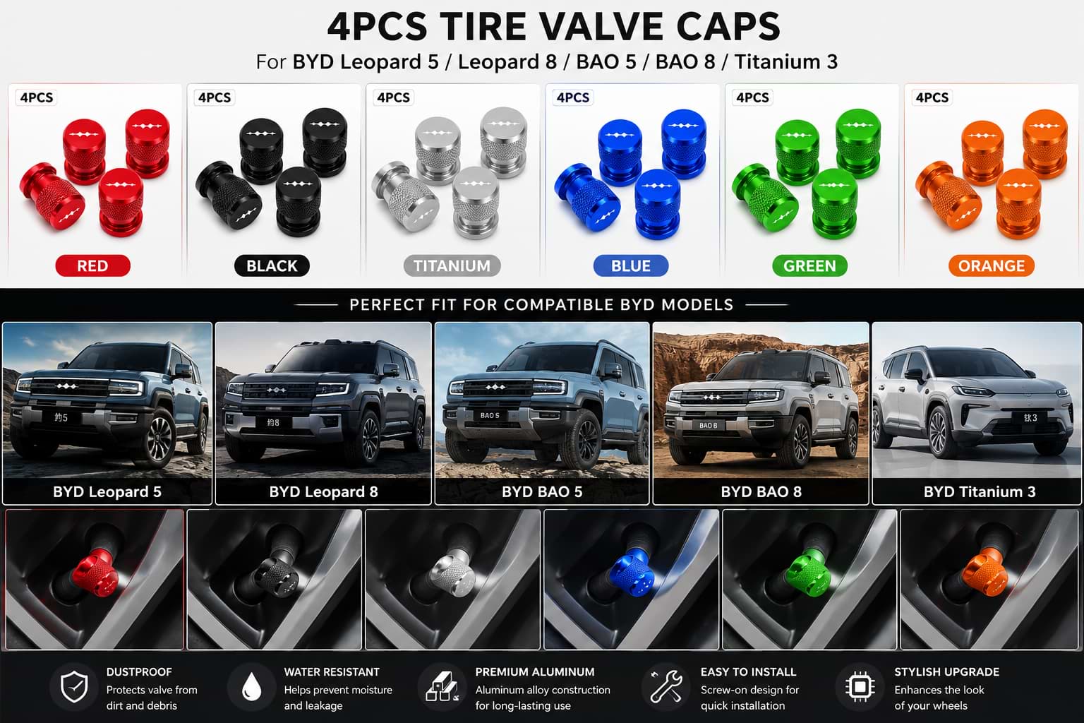 4Pcs Tire Valve Caps in Red Black Titanium Blue Green and Orange for BYD Leopard 5 8 BAO 5 8 Titanium 3
